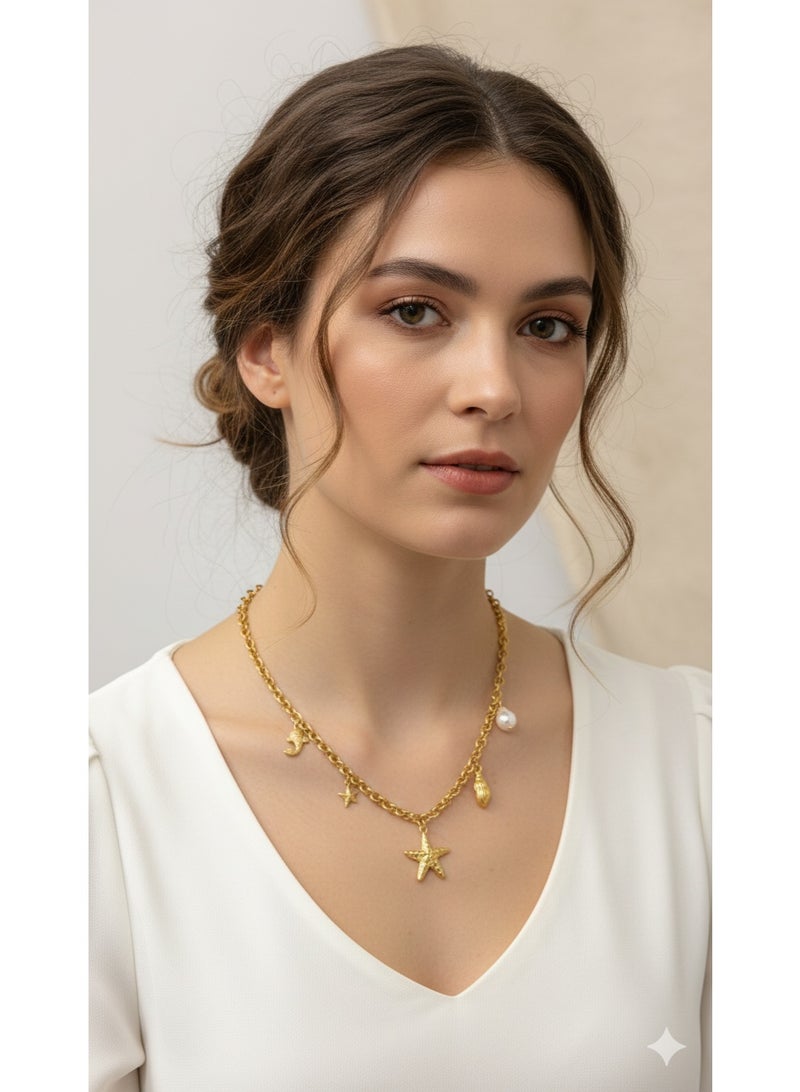 ورد سلسلة ذهبية ستانلس ستيل بتصميم صيفي (نجمة البحر وقوقعة) - مقاومة للصدأ - Image 2